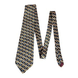 John Henry Mens Vintage Silk Necktie 57 X4 Zig-Zag Abstract‎ Print Blue Gold